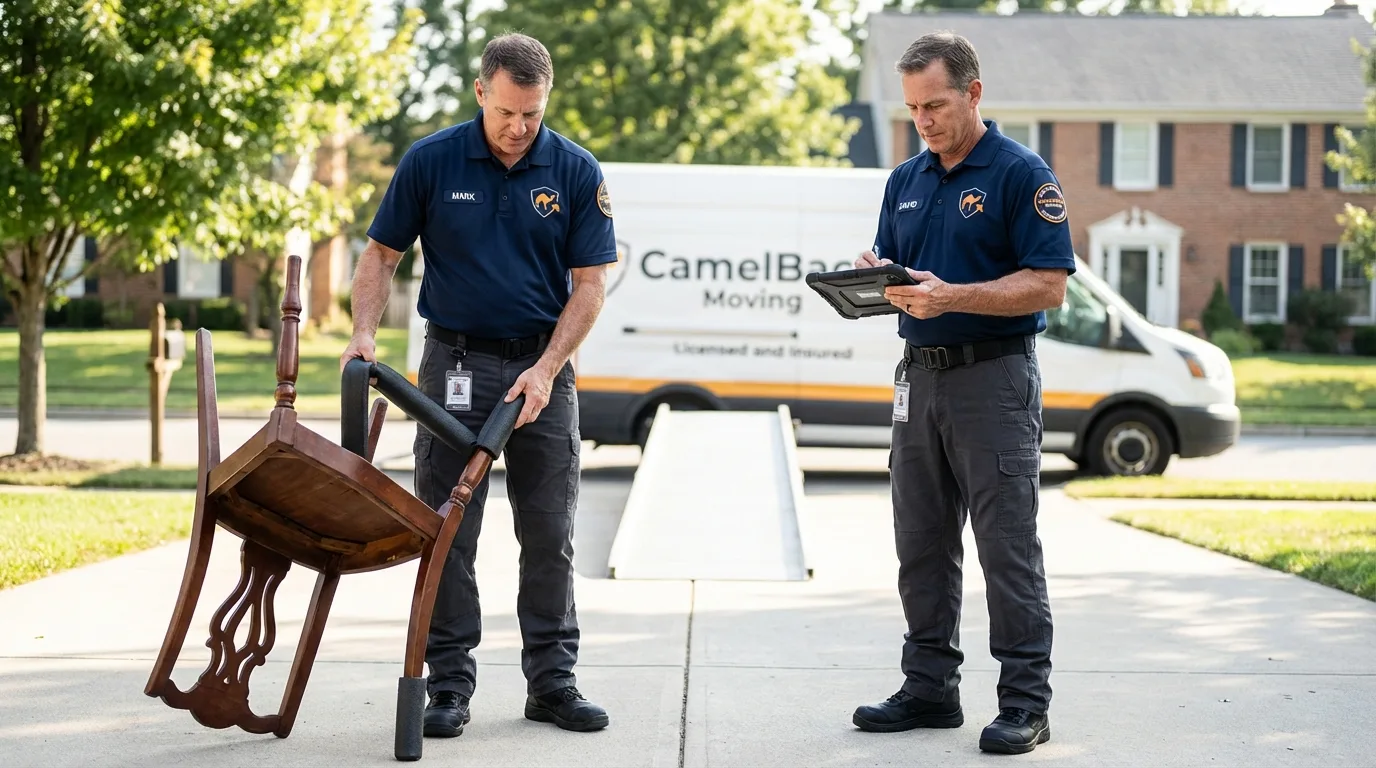 Movers inspecting furniture for damage prevention before loading in Pinch, WV